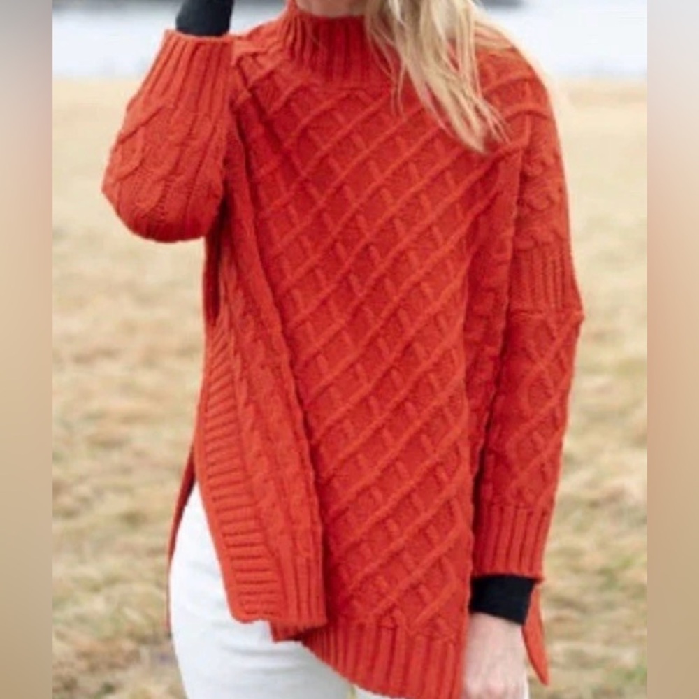 Mer Sea Lisbon Traveler Sweater Lattice Knit Mock Neck Paprika Orange One Size